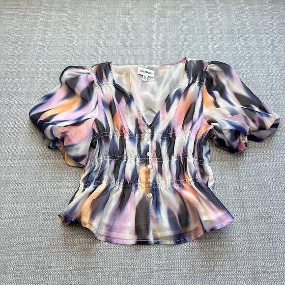 Steve Madden Peplum Top Medium Watercolor Puff Sleeve Fairy Whimsy Romantic - Picture 1 of 9